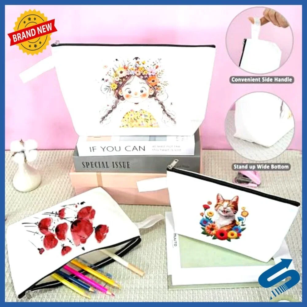 Large Canvas Zipper Toiletry Pouch Multi-Purpose Organization Bag DIY Blank